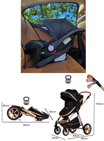 BayoBay 3-in-1 baby buggy pram and stroller with car seat and carrycot, lightweight, foldable travel system for newborns and toddlers.