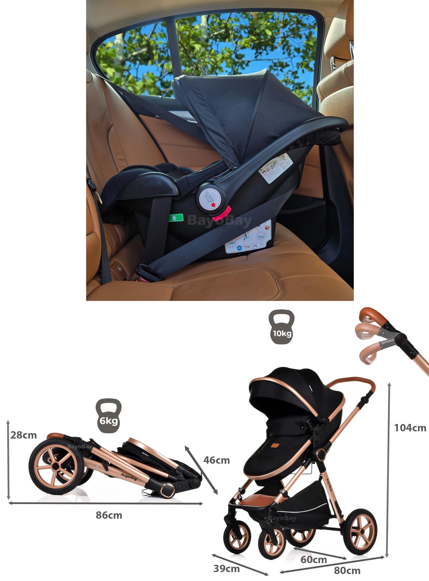 BayoBay 3-in-1 baby buggy pram stroller with car seat and carrycot, lightweight foldable travel system in grey gold for newborns and toddlers.