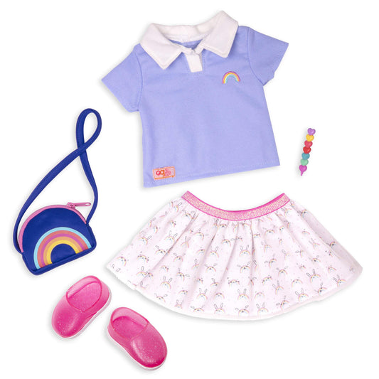 Our Generation 5-piece rainbow academy outfit for 18-inch dolls featuring a colorful school uniform and accessories.