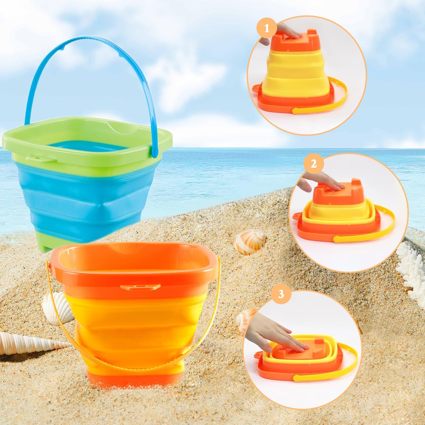 Aonuily Bucket and Spade, Beach Toys Set for Kids Play Sand with Handle Foldable Buckets with Shovels Scoop Rake Sifter Summer Outdoor Activities for Beach Party Gift