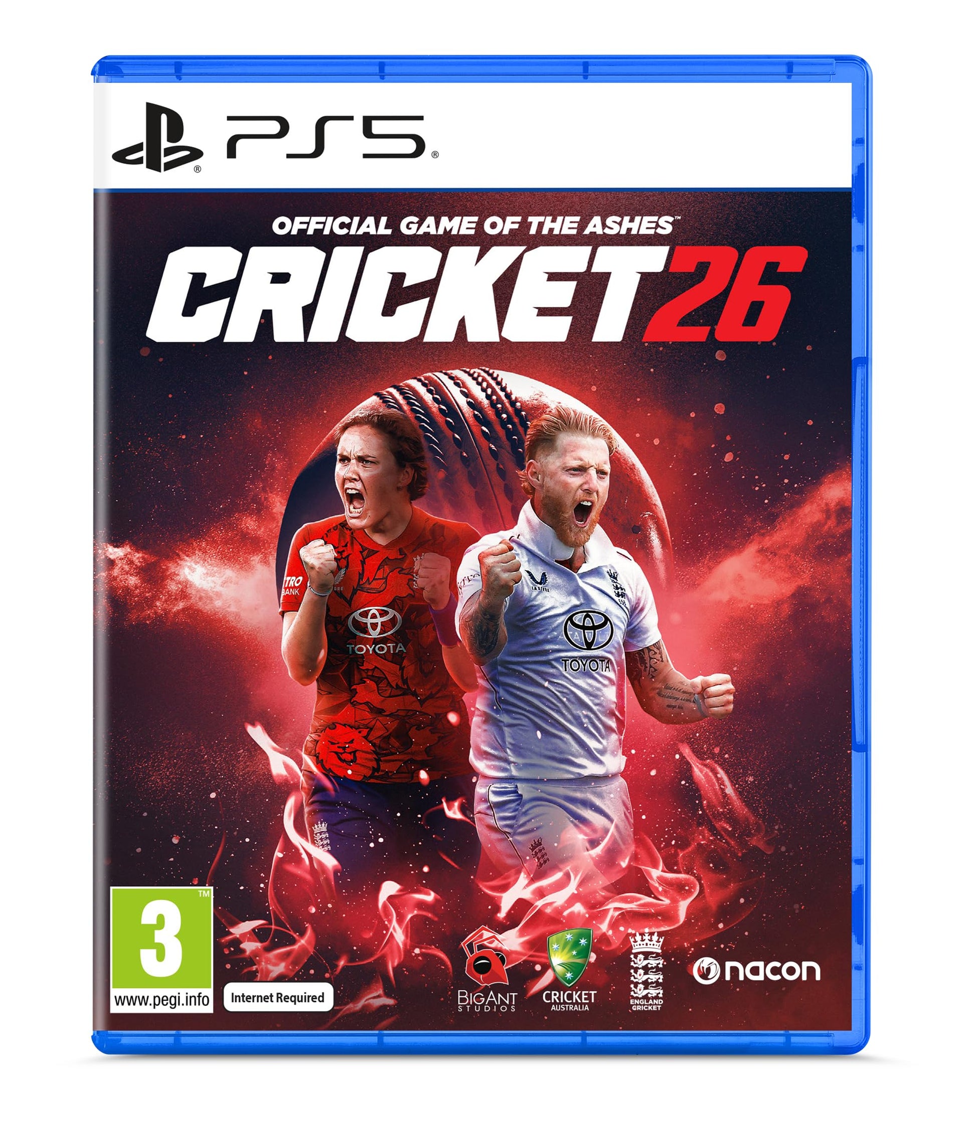 Nacon Cricket 26 PS5 game cover featuring cricket players and Ashes branding, official cricket video game artwork.