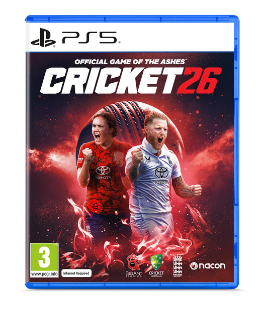 Nacon Cricket 26 PS5 game cover featuring cricket players and Ashes branding, official cricket video game artwork.