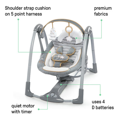 Ingenuity Swing 'n Go Deluxe baby swing with plush toys, cushioned harness, foldable design, suitable for 0-9 months, 6-20 lbs
