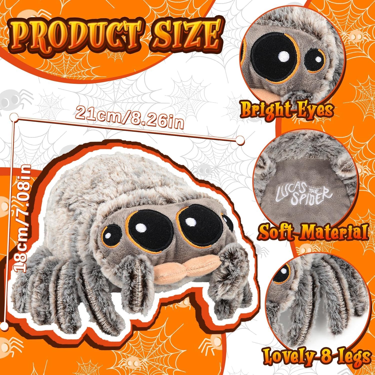 CelestiMingle 8.2-inch soft plush spider toy with big eyes, realistic design, perfect for Halloween, Christmas, or birthday gifts.