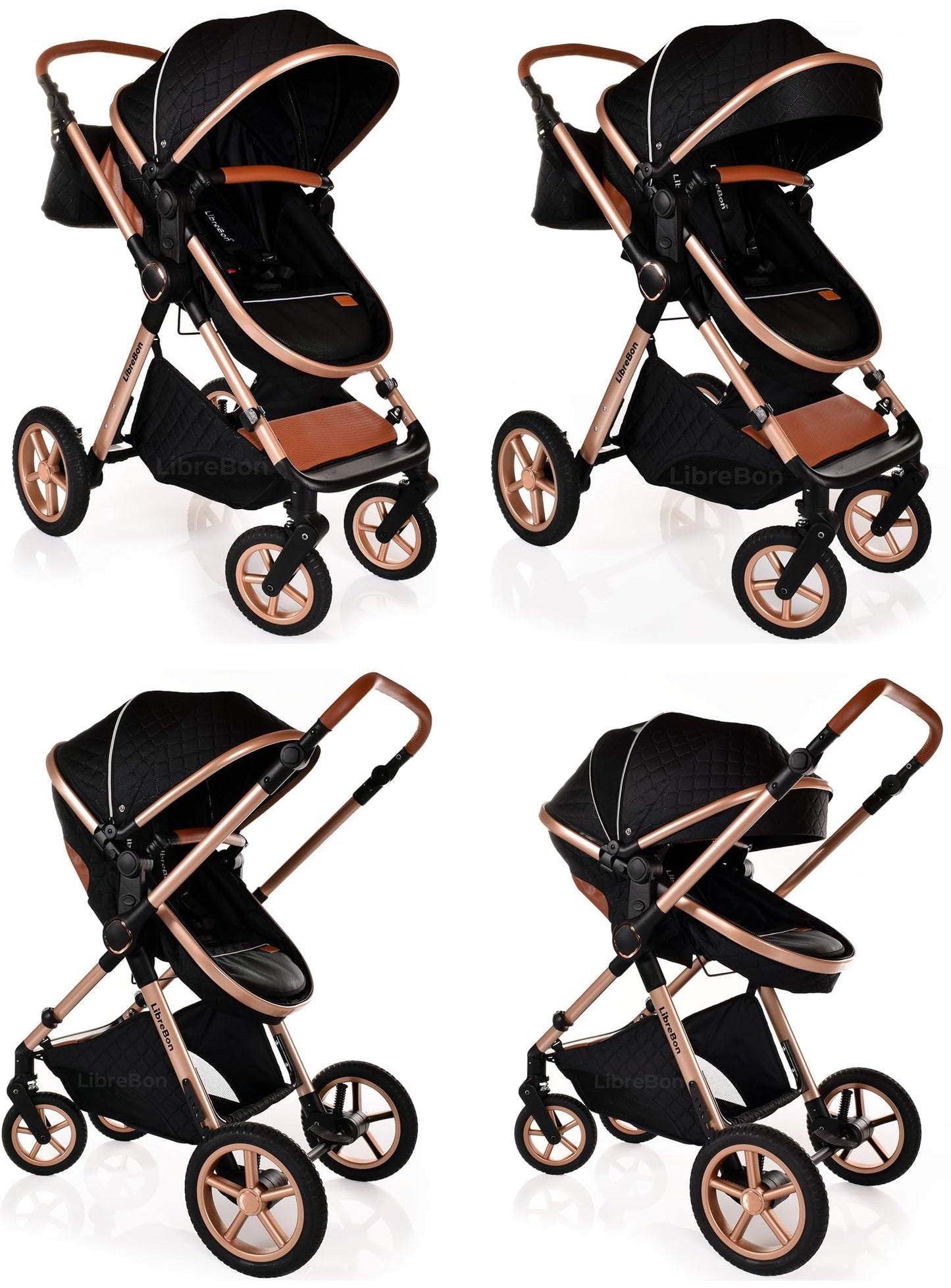Boneelook 3-in-1 baby buggy pram stroller with black and rose gold aluminum frame, lightweight, foldable, suitable for newborns and toddlers.