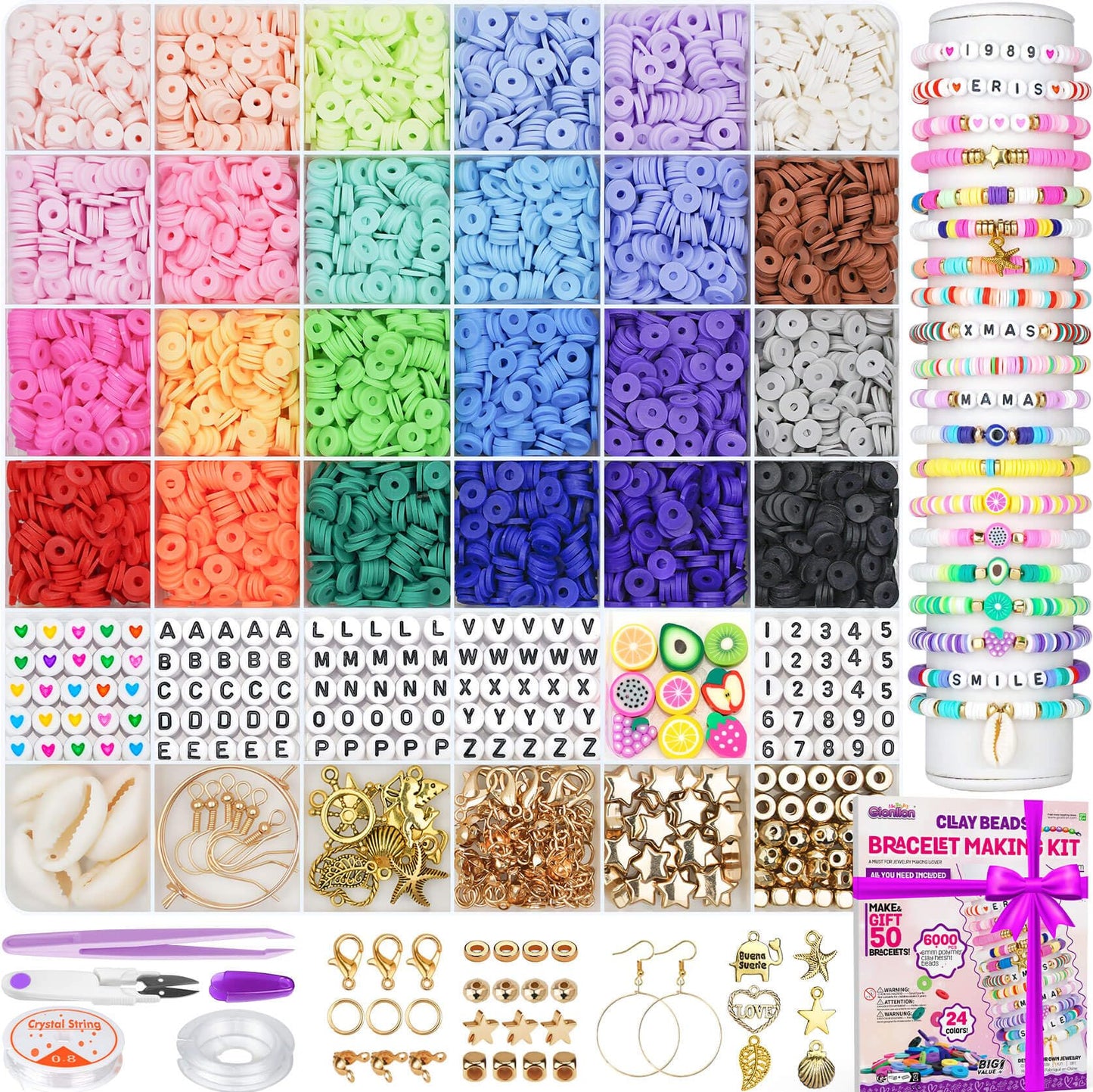 Gionlion 6000 Clay Beads Bracelet Making Kit, Friendship Bracelet Kits Preppy Beads for Jewellery Making, Flat Heishi Bead for Bracelet Arts and Crafts Gifts for Teen Girls