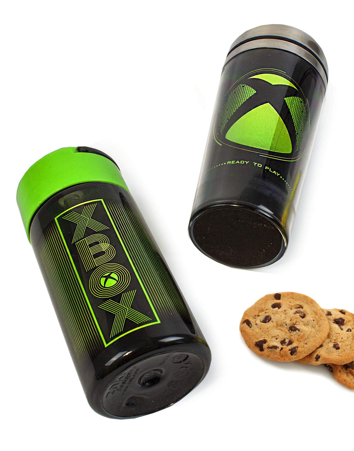 Xbox water bottle and travel mug gift set with black and green stainless steel cups, ideal for gaming and sports hydration.