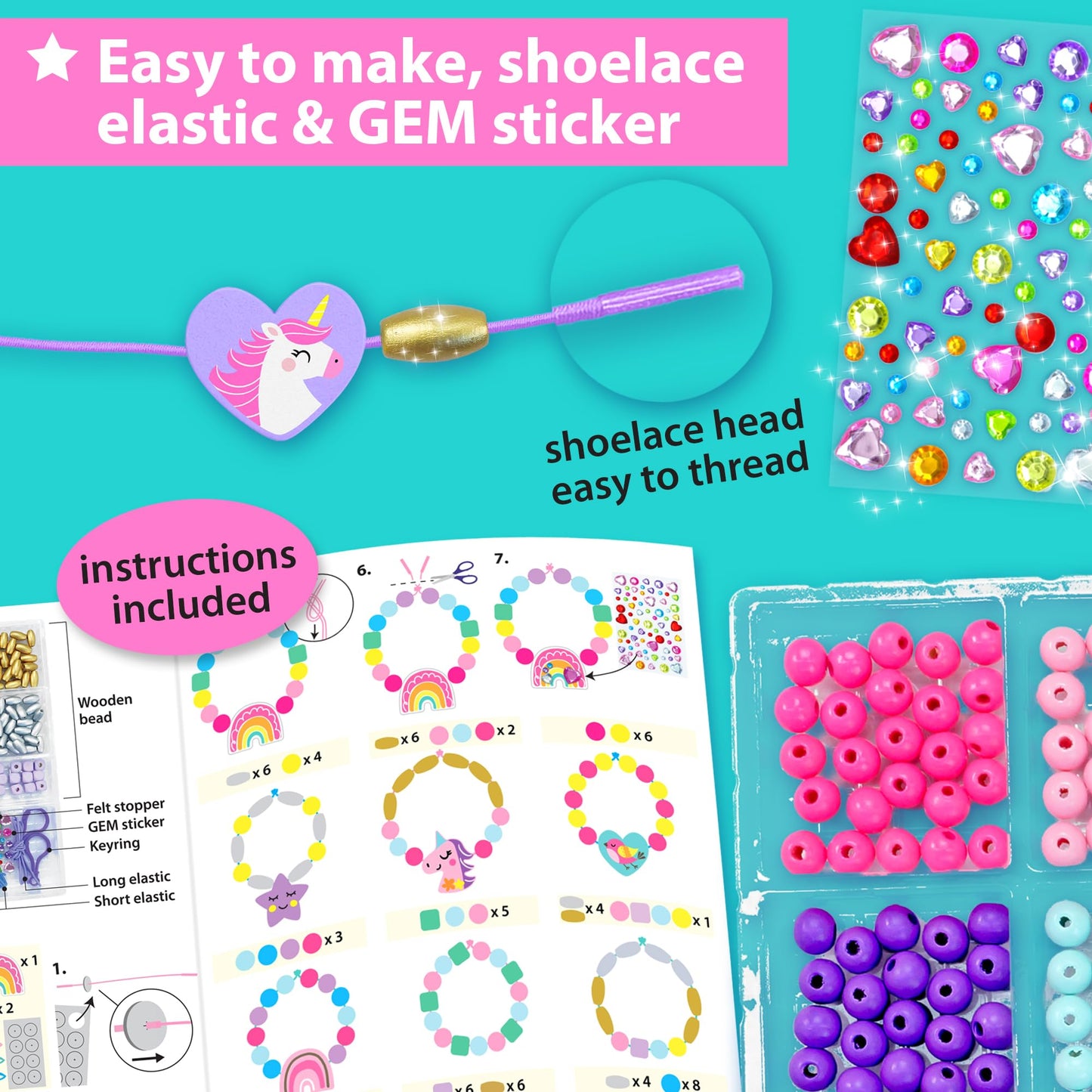 KRAFUN Unicorn Bracelet Craft Kit for Kids Ages 5-12, 14 DIY Arts & Crafts Projects with Friendship Bracelets, Charms, Beads, Gem Stickers, Instructions, Educational Gift for Girls