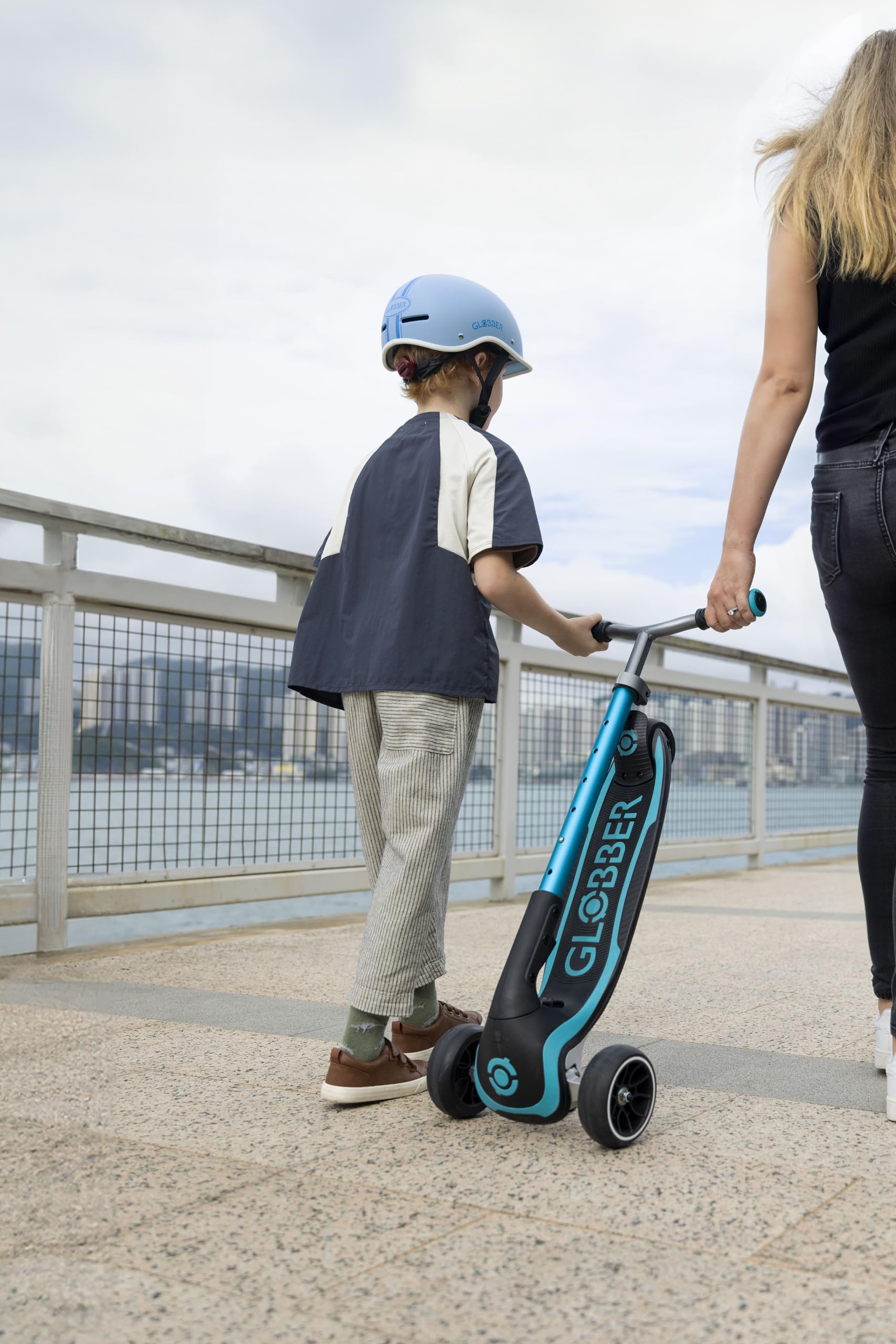 Aqua Globber Ultimum 3 wheel scooter featuring a patented steering system and adjustable height for kids and adults.