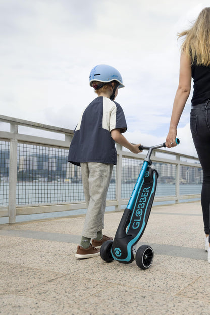 Aqua Globber Ultimum 3 wheel scooter featuring a patented steering system and adjustable height for kids and adults.