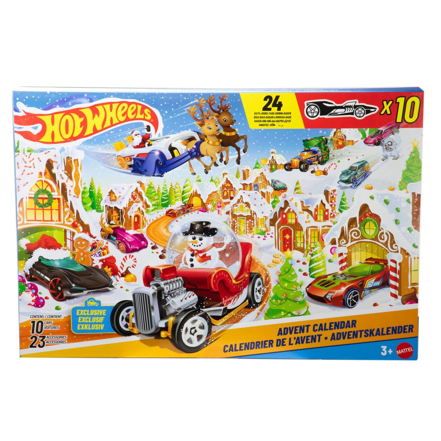 Hot Wheels Toy Cars & Playset, 2025 Advent Calendar with 10 Vehicles in 1:64 Scale, 10 Ornament Clips & 14 Winter-Themed Accessories, JCB47