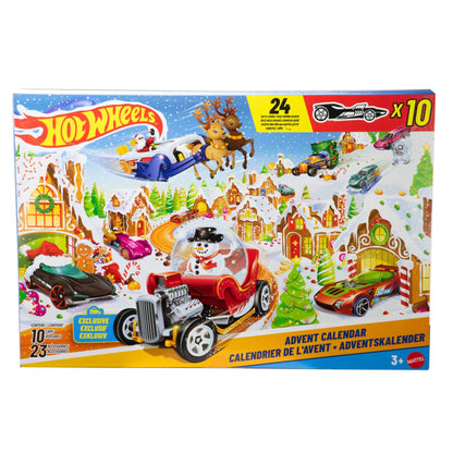 Hot Wheels Toy Cars & Playset, 2025 Advent Calendar with 10 Vehicles in 1:64 Scale, 10 Ornament Clips & 14 Winter-Themed Accessories, JCB47