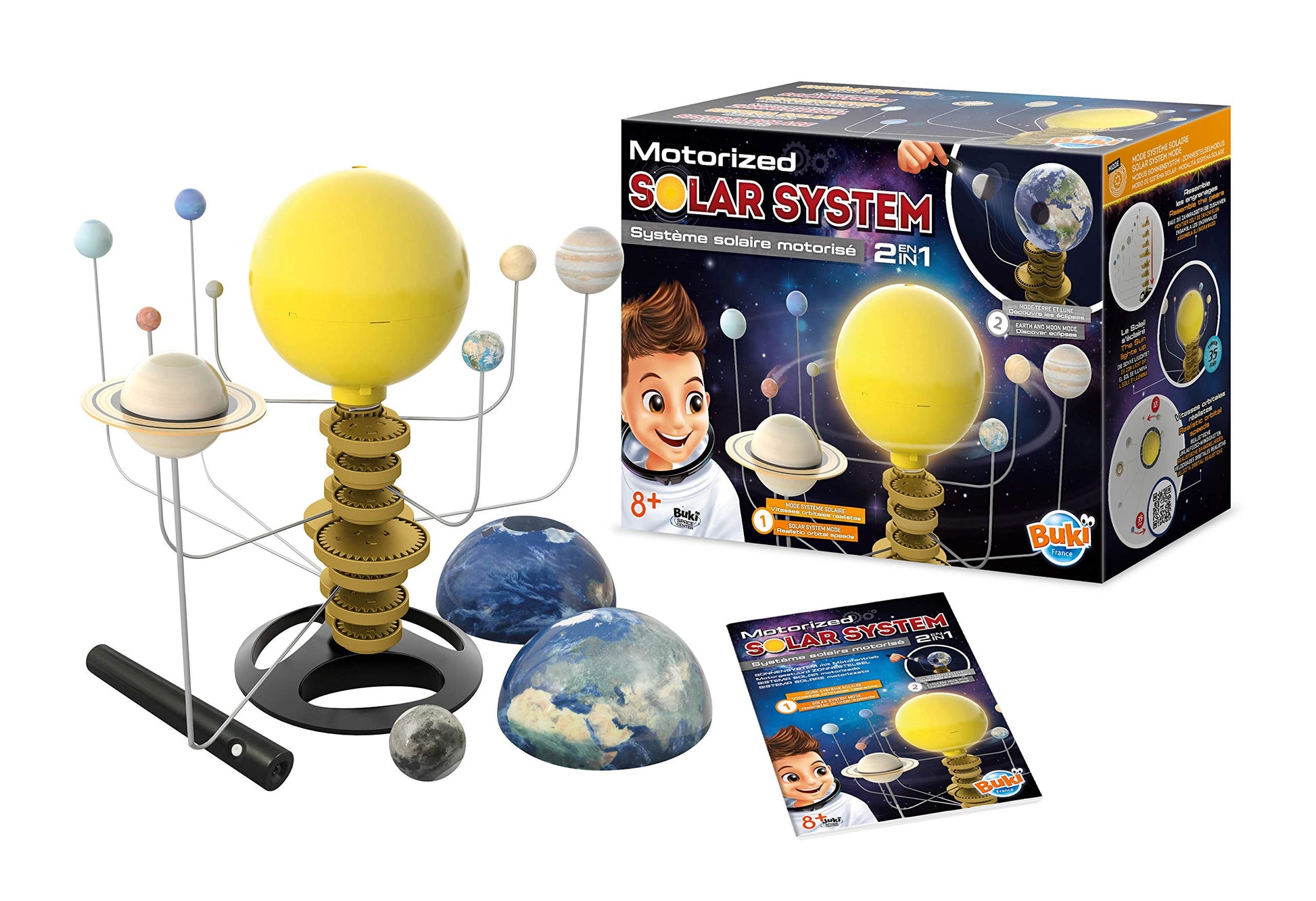 Buki France Solar System for Kids 2-in-1 space toy with light-up rotating sun and planets STEM learning model for ages 8+.