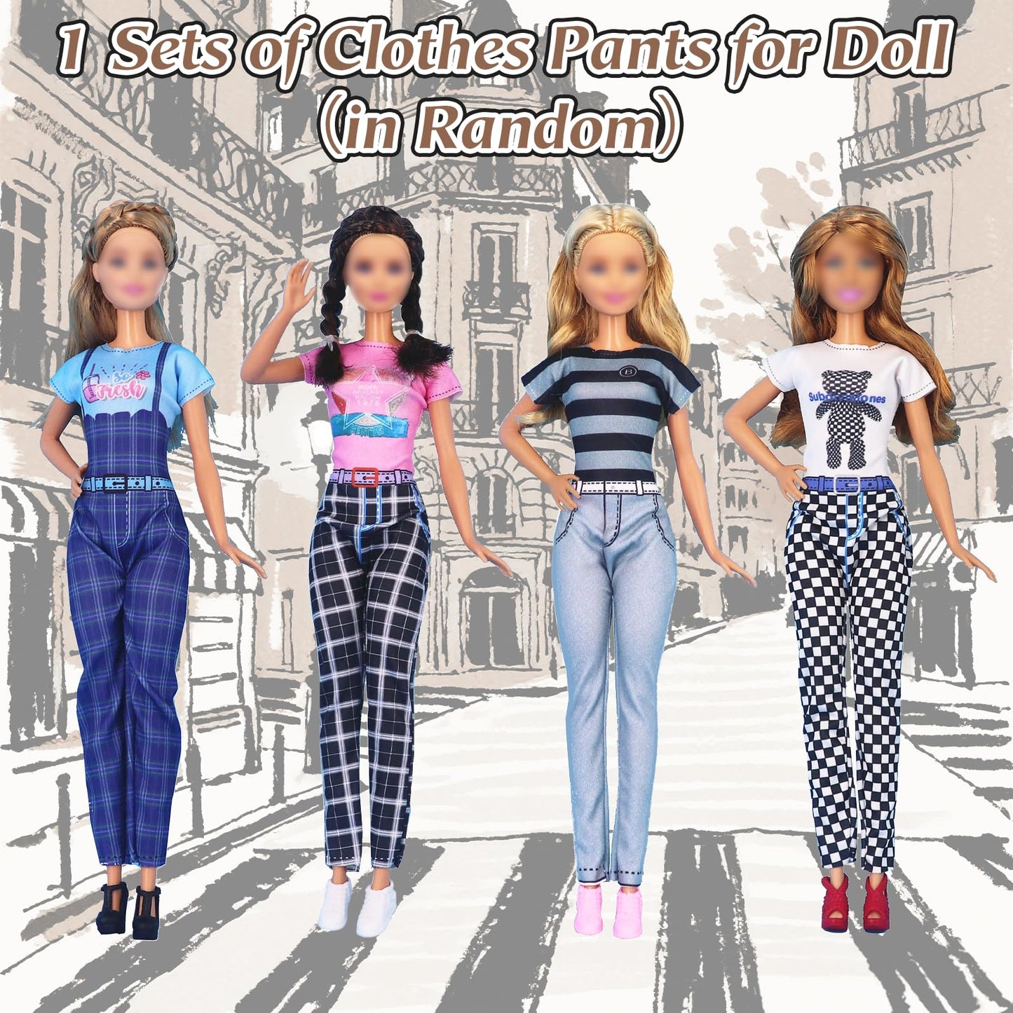 Carreuty 14-piece doll clothes set for 11.5-inch Barbie dolls including coats, skirts, jackets, trousers, jumpsuit, dress, and shoes.