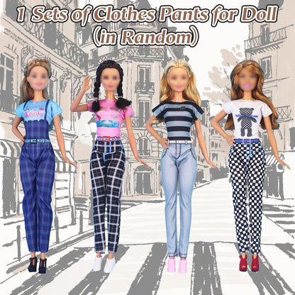 Carreuty 14-piece doll clothes set for 11.5-inch Barbie dolls including coats, skirts, jackets, trousers, jumpsuit, dress, and shoes.