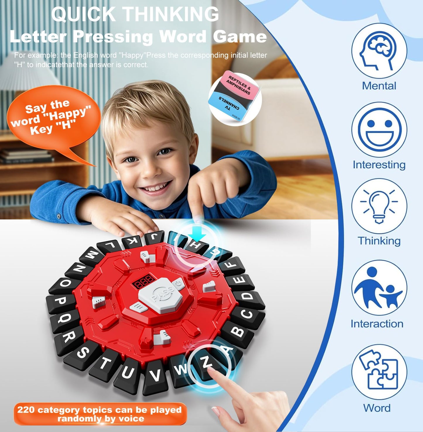 Word Game Family Board Games for Kids & Adults with 2 Modes,220 Topic Categories 24 Letters Pressing Game,Fun Fast-Paced Puzzle Games for Boys Girls Age 3+, 2-8 Players,Christmas & Birthday Gifts,Red