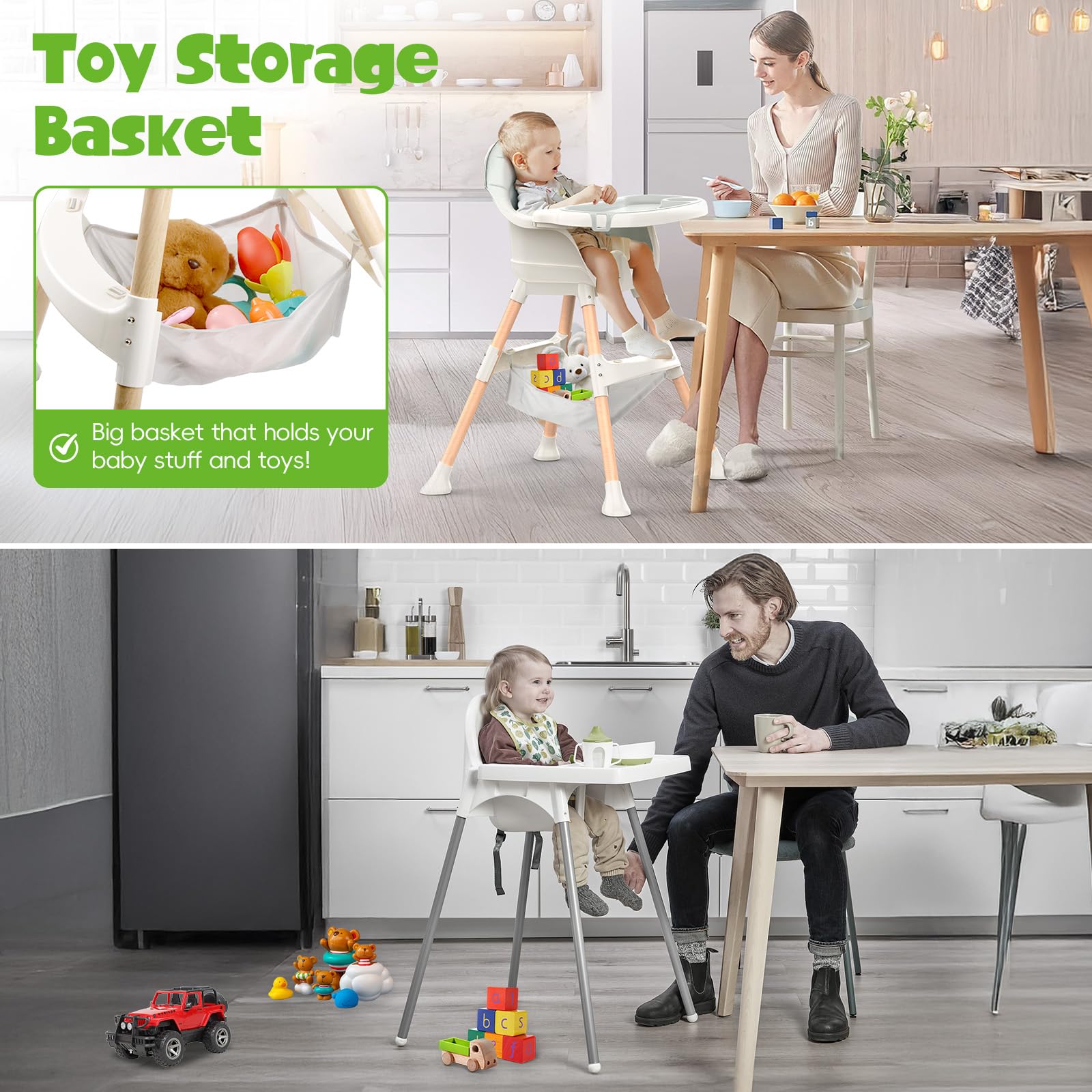 Sweetmirth 4-in-1 convertible baby high chair in green with adjustable height, removable tray, ergonomic design for toddlers 6 months to 5 years.
