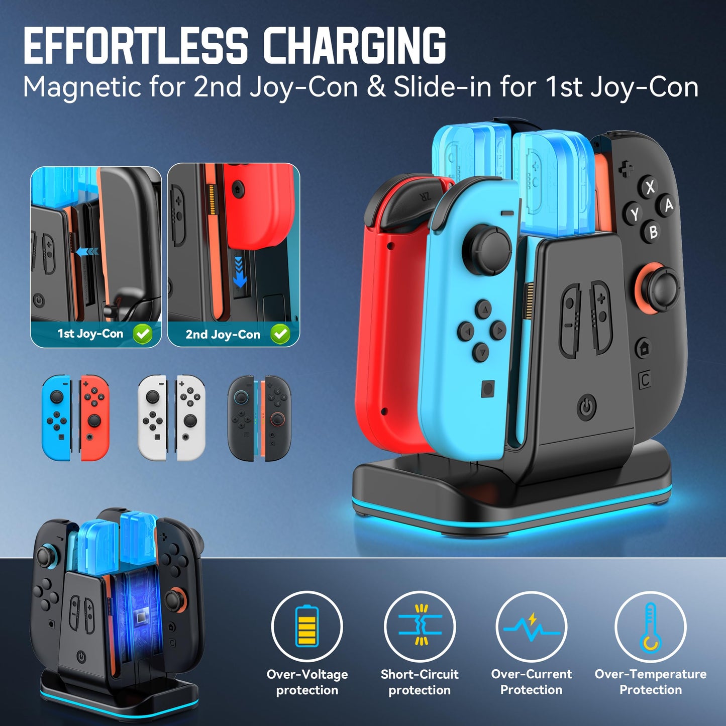 Rysker Switch 2-in-1 controller charger dock for Nintendo Switch and OLED, with 9 RGB lighting modes and space for Joy-Con controllers.