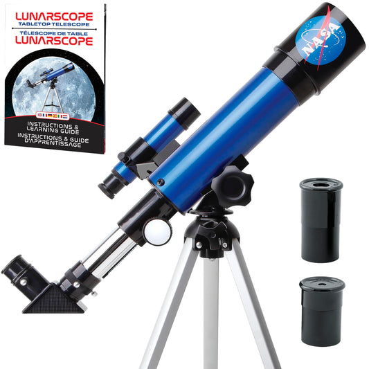 Blue Marble NASA Lunar Telescope for Kids with 90x magnification, tabletop tripod, two eyepieces, and finder scope for beginner astronomy.