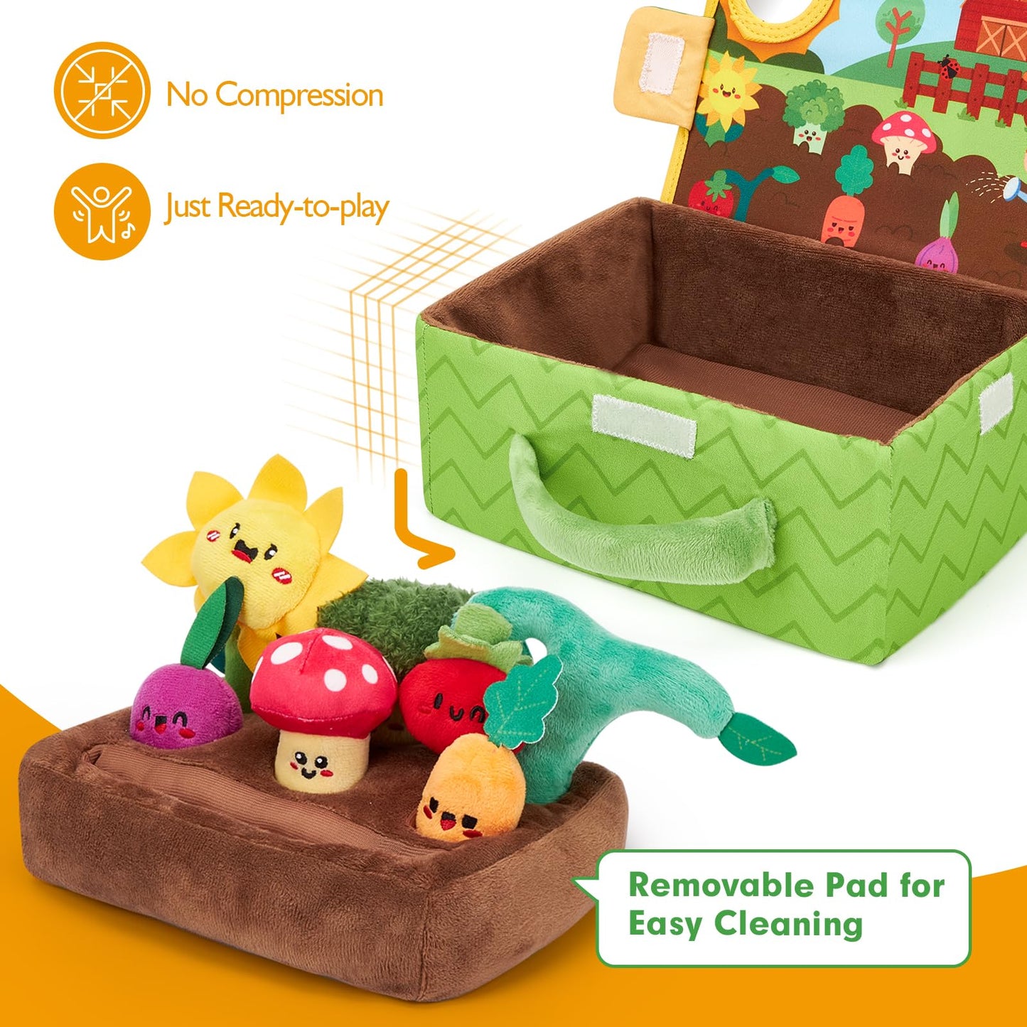 Montessori sensory plush garden toy by hahaland featuring fruits, vegetables, rattles, mirror, and crinkle textures.