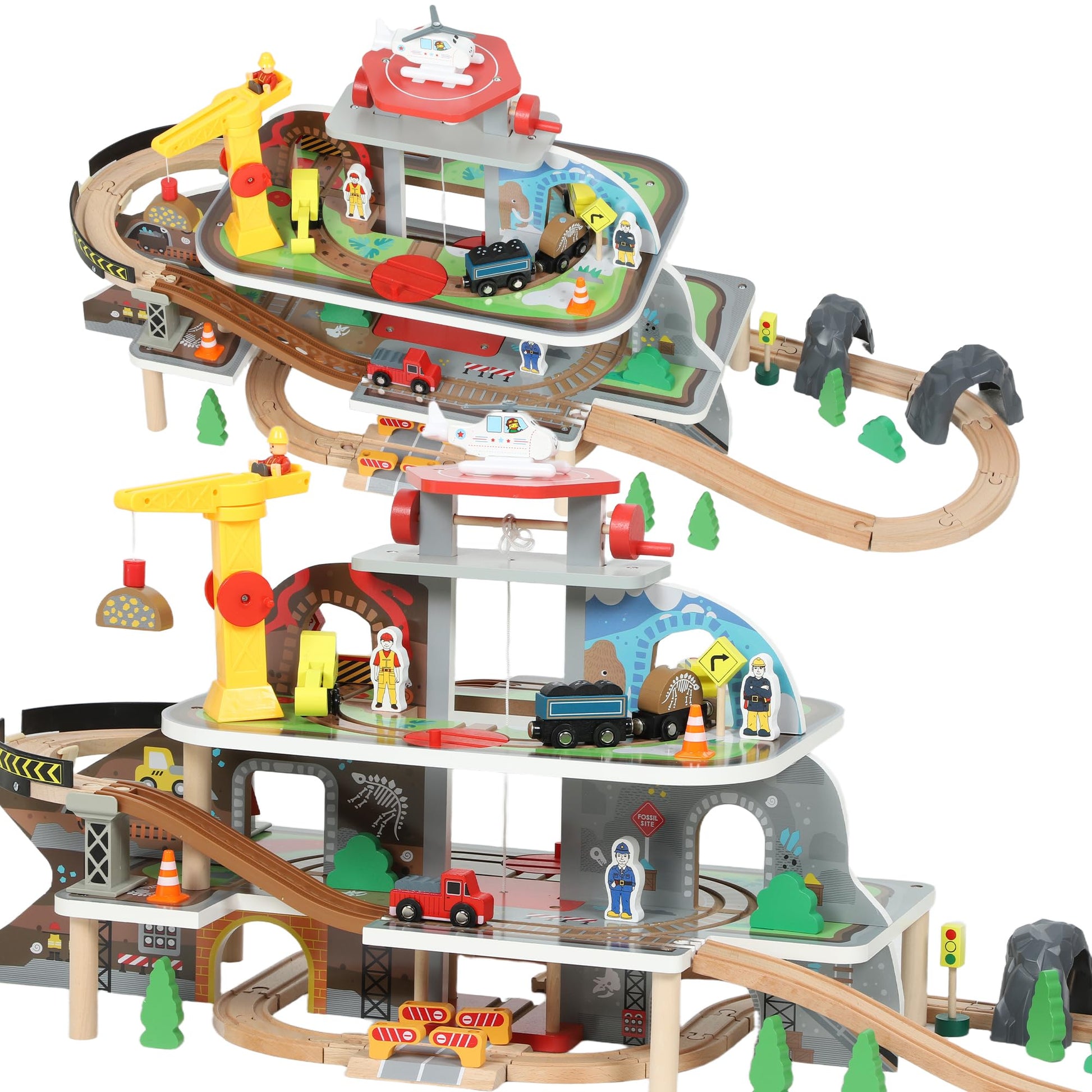 AIYAPLAY wooden train set with 79 pieces, mine theme, includes crane and helicopter, magnetic railway toys for kids age 3+