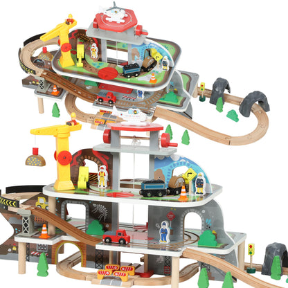 AIYAPLAY wooden train set with 79 pieces, mine theme, includes crane and helicopter, magnetic railway toys for kids age 3+
