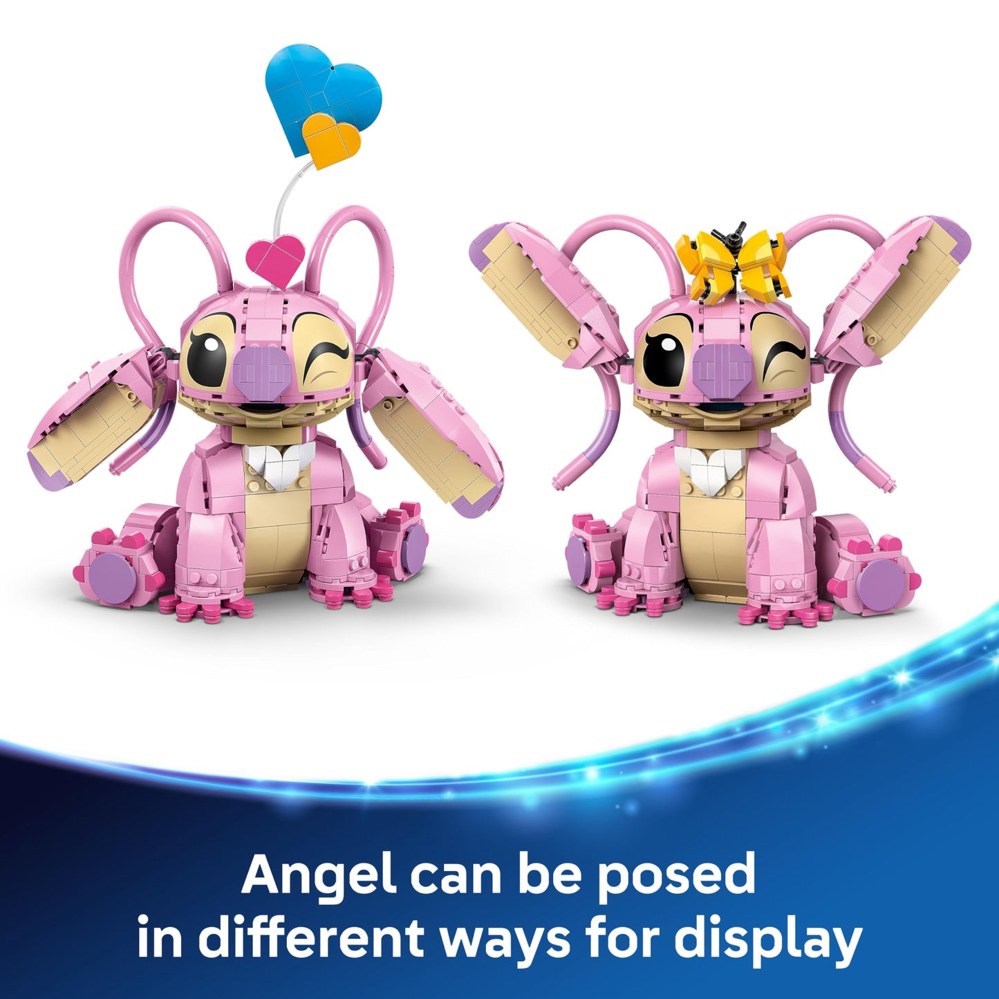 LEGO Disney Angel building toy with 3 heart balloons and a butterfly, designed for display and creative play.