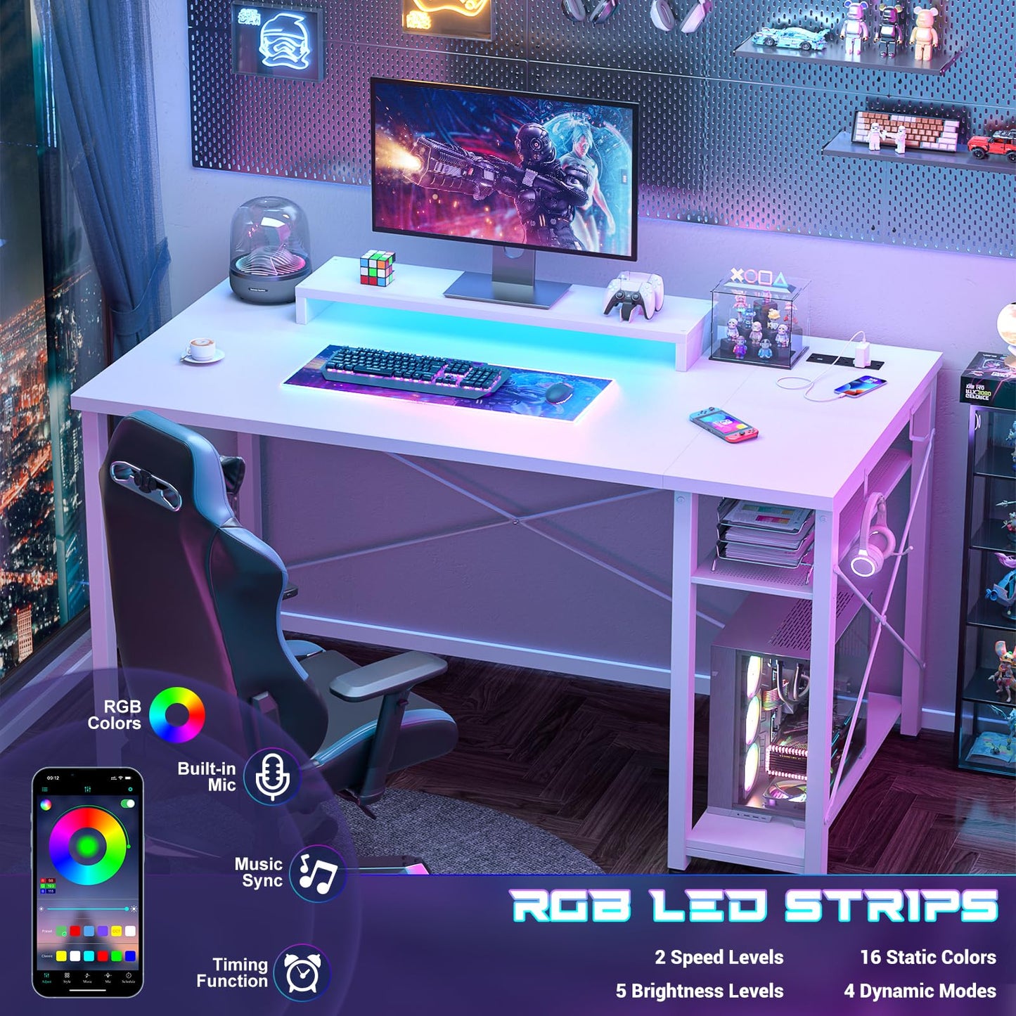 iSunirm Gaming Desk with LED Lights & Power Outlet, Reversible Computer Desk with Moveable Monitor Stand, 100x75x50CM Office Desk with USB Charging Station for Home, Bedroom, Study, White