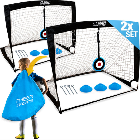 PHIBER-SPORTS 2-Piece Kids Football Goal Set – 2025 Version with Reinforced Fiberglass – Includes Carry Bag, 6 Cones, 2 Targets – Soccer Goals for Kids' Garden Play, Outdoor Football Goal, Soccer Net