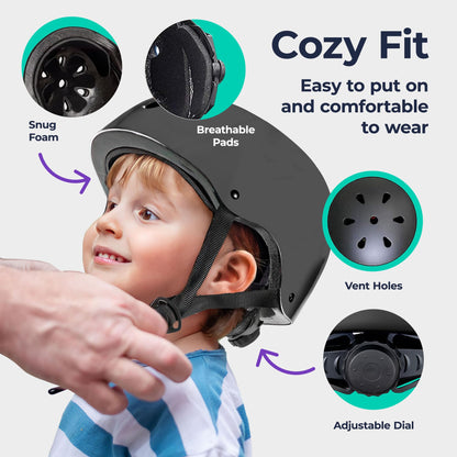 Niftii Kids Helmet with Pads - Adjustable Multi-Sport Complete Safety Gear for Cycling, Skateboarding & Scooting, Ideal for Boys & Girls Ages 3-15 Kids Bike Helmet Set, Black