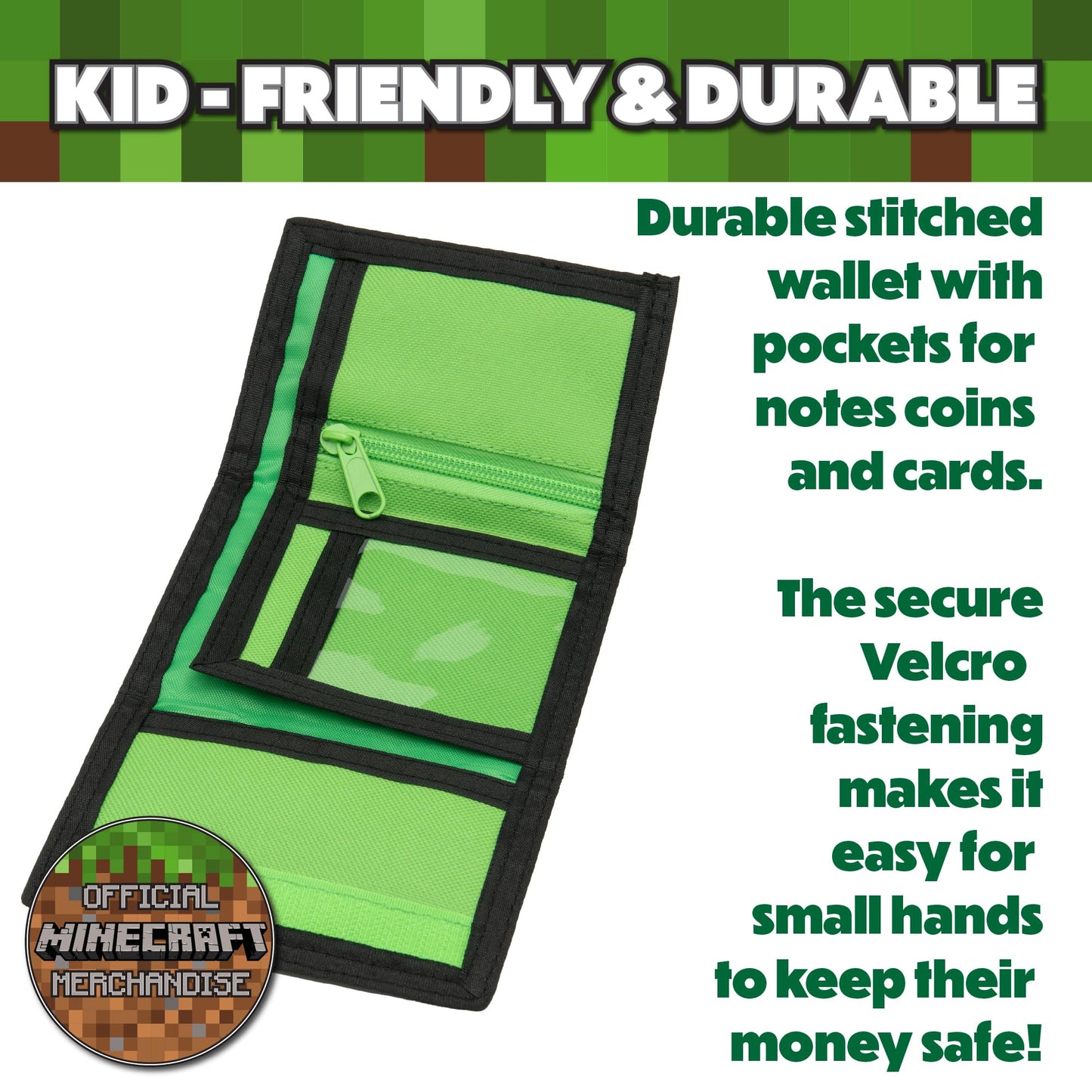 Minecraft Boys Wallet for Kids with Card Slots & Zip Coin Pocket Creeper Gamer Accessories Gaming Gift
