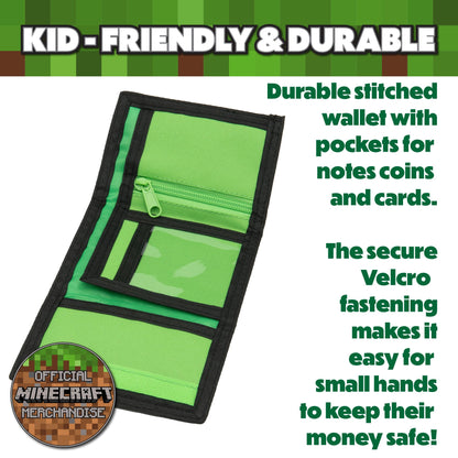 Minecraft Boys Wallet for Kids with Card Slots & Zip Coin Pocket Creeper Gamer Accessories Gaming Gift