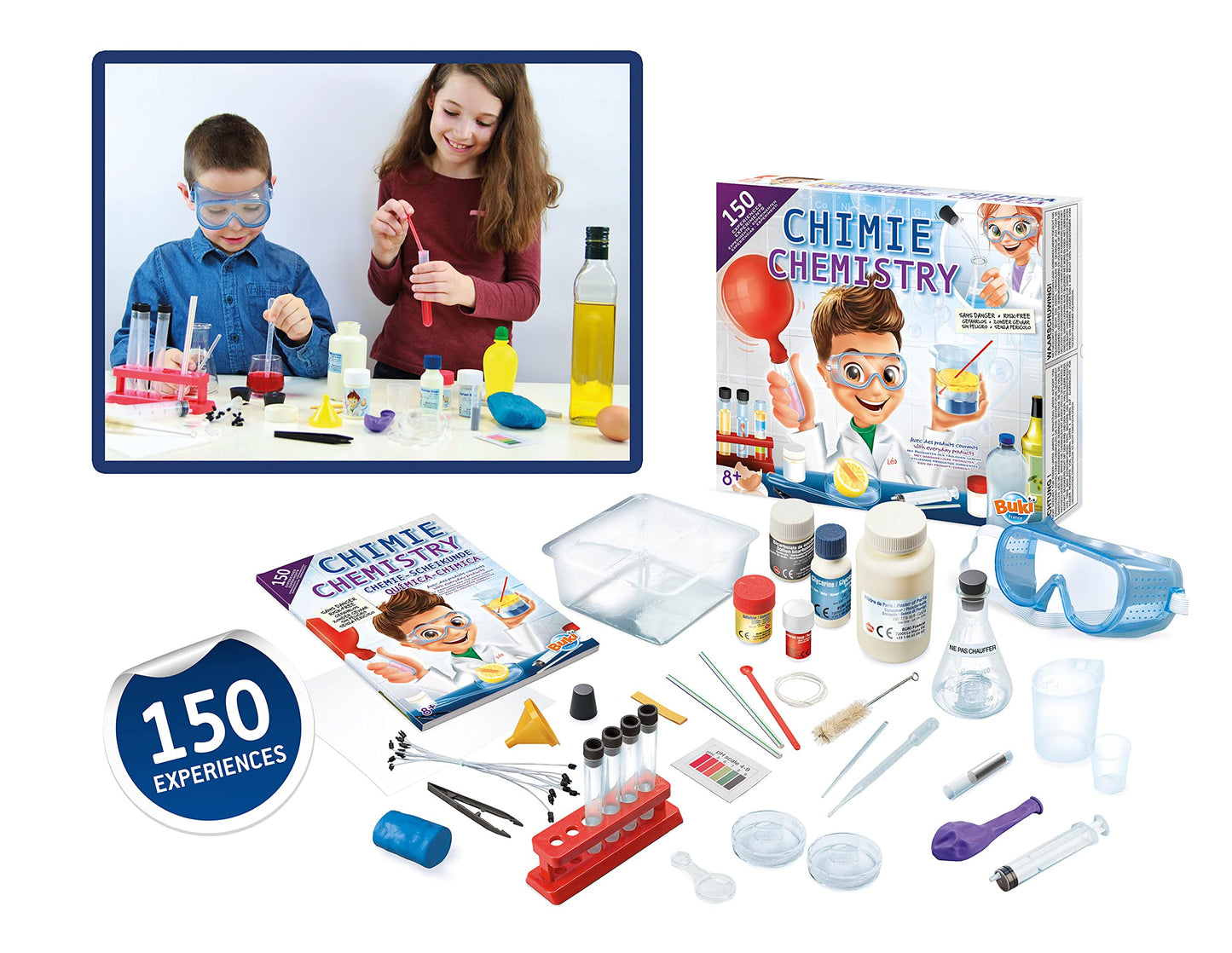 Buki Kids Chemistry Set with test tubes, goggles, and accessories for safe science experiments using kitchen ingredients.