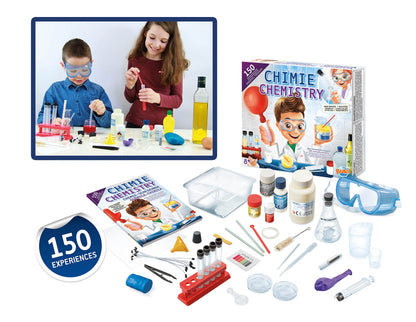 Buki Kids Chemistry Set with test tubes, goggles, and accessories for safe science experiments using kitchen ingredients.