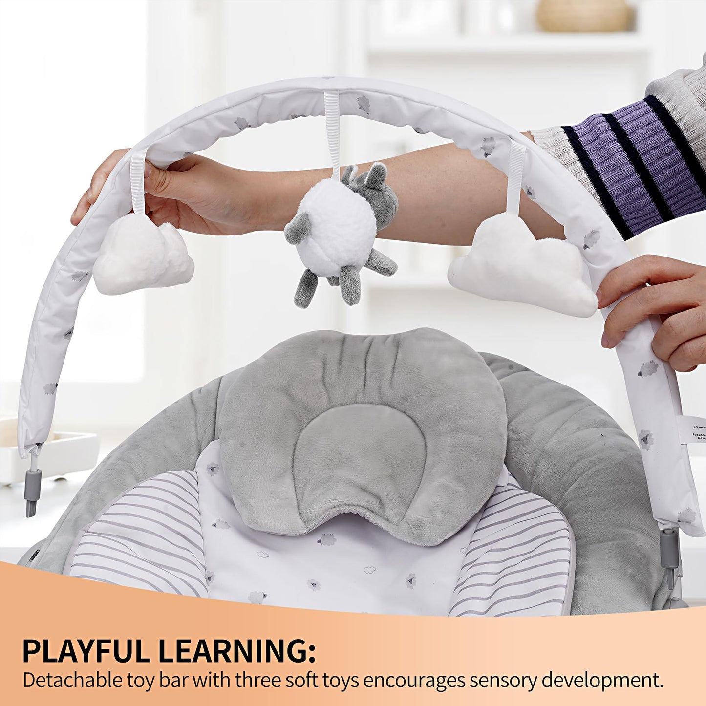 LADIDA soft padded lamb bouncer for newborns 0-6 months with soothing music and vibration, comfortable and calming for infants.