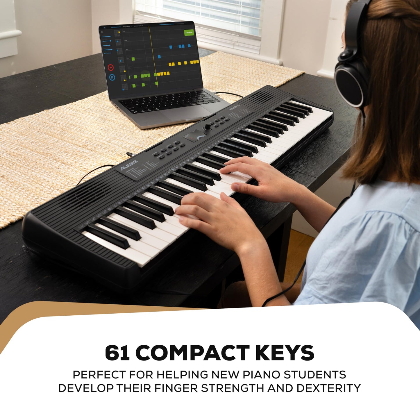 Alesis Melody 61 keyboard piano with 61 keys, built-in speakers, stand, bench, headphones, and tablet/music stand for beginners.