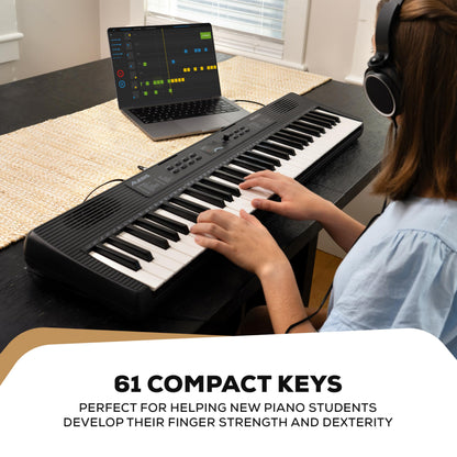 Alesis Melody 61 keyboard piano with 61 keys, built-in speakers, stand, bench, headphones, and tablet/music stand for beginners.