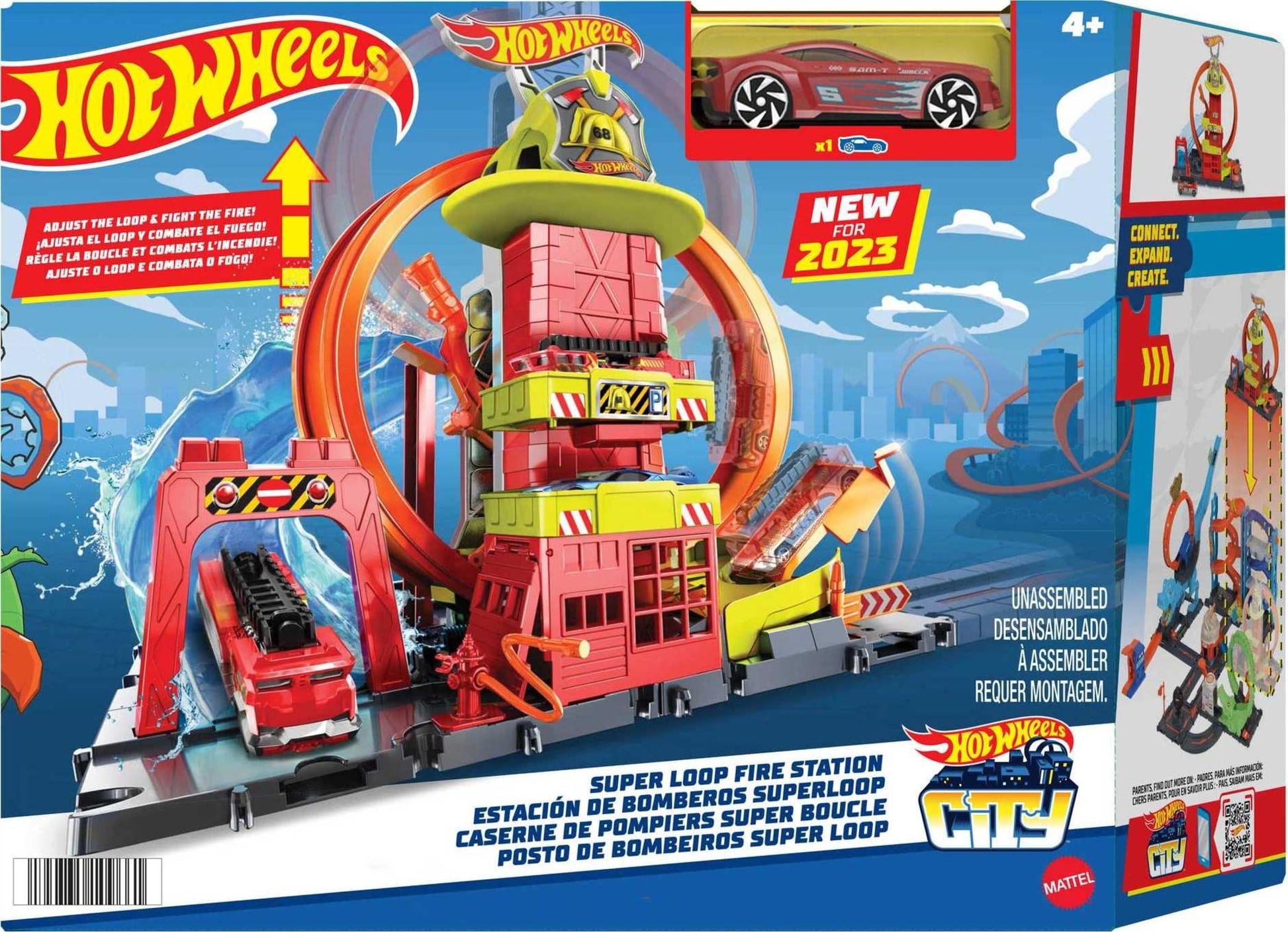 Hot Wheels City set featuring a toy car, kid-powered elevator, water-like ramp, and fire station super loop.