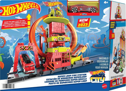 Hot Wheels City set featuring a toy car, kid-powered elevator, water-like ramp, and fire station super loop.