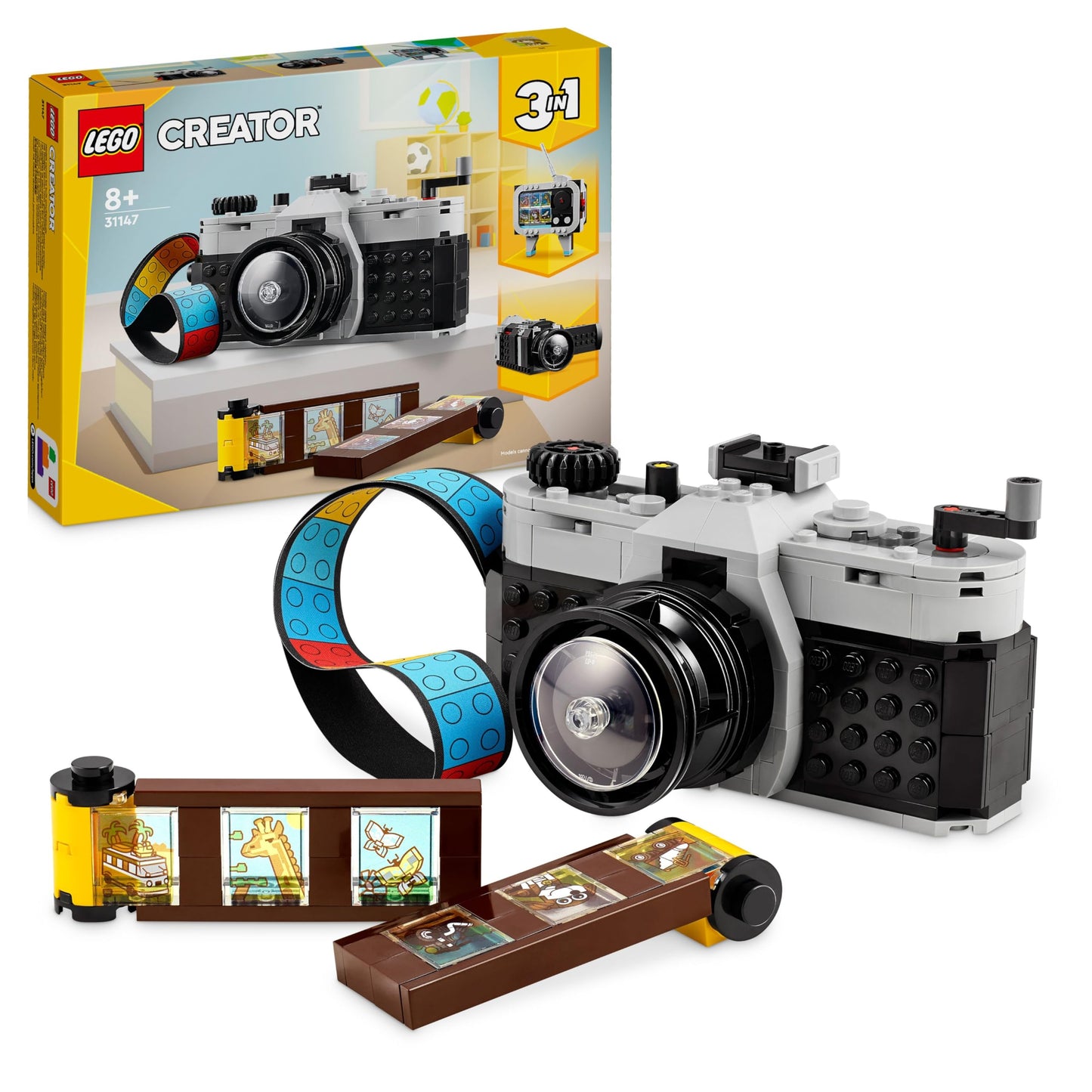 LEGO Creator 3in1 Retro Camera toy, transformed into a video camera and TV set, colorful kids' desk decoration.
