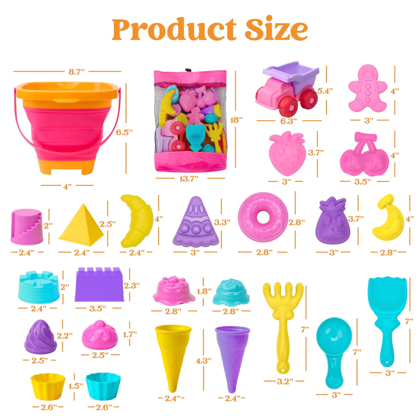 Sloosh Beach Sand Toys Set 24Pcs - Pink Dump Truck Car Toy with Sand Molds, Collapsible Buckets Mesh Bag Shovels Castle Ice Cream Mold for Ages Kids Toddlers Sandbox Toys Gifts Travel Vacation (Foods)