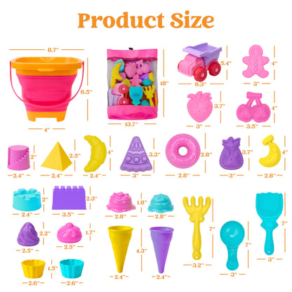 Sloosh Beach Sand Toys Set 24Pcs - Pink Dump Truck Car Toy with Sand Molds, Collapsible Buckets Mesh Bag Shovels Castle Ice Cream Mold for Ages Kids Toddlers Sandbox Toys Gifts Travel Vacation (Foods)