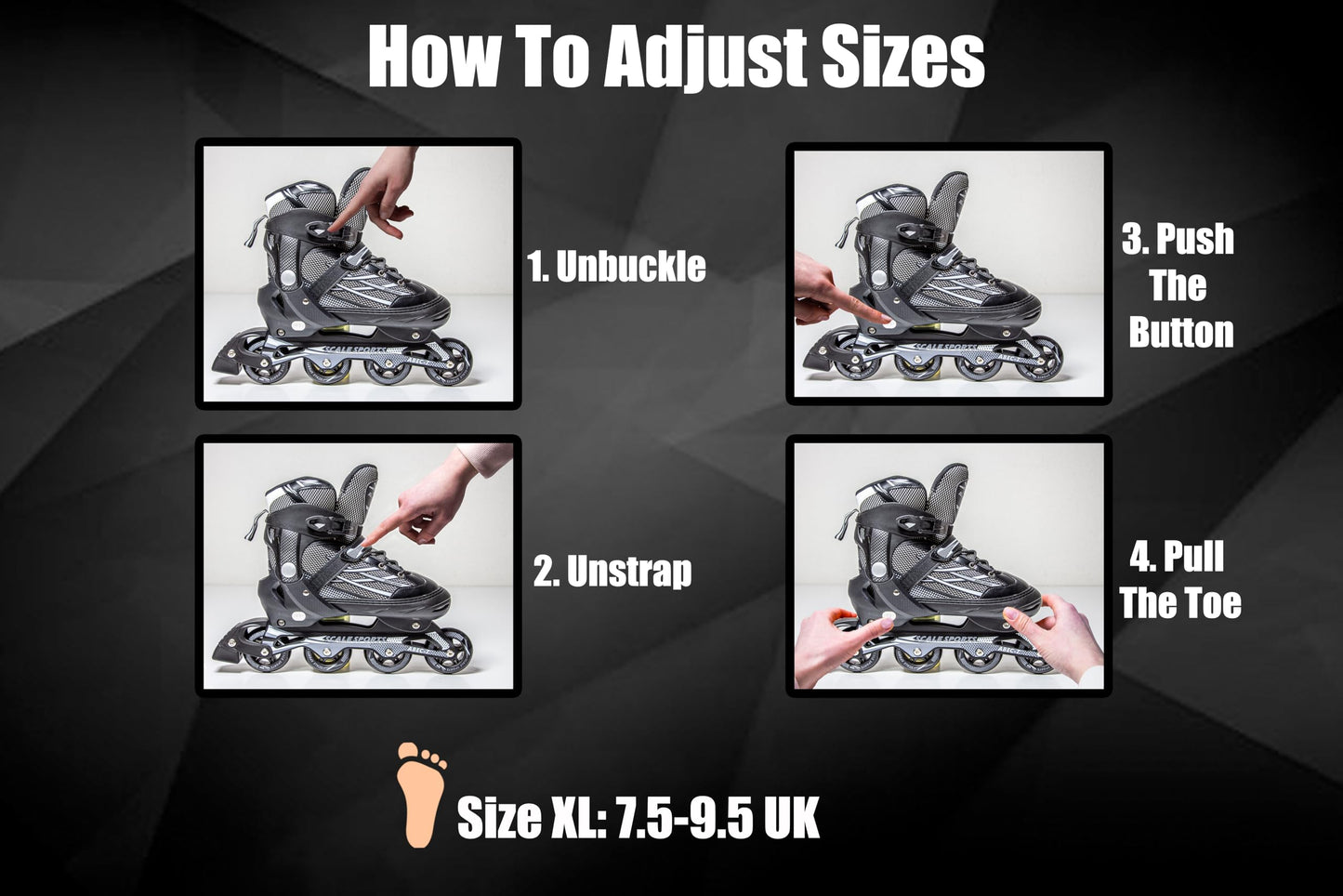 Black Scale Sports adjustable inline roller skates for adults and teens, size XL (41-44 UK 7.5-9.5), showing the skates with laces and wheels.