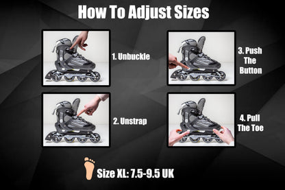 Black Scale Sports adjustable inline roller skates for adults and teens, size XL (41-44 UK 7.5-9.5), showing the skates with laces and wheels.