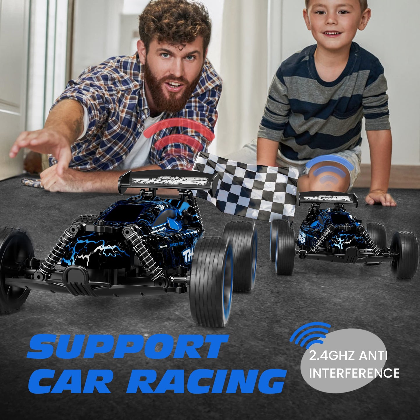 Tecnock Remote Control Cars for Kids, 1:18 Scale RC Racing Cars with LED, 2.4GHz All Terrain RC Car with 2 Rechargeable Batteries for 50 Min Play, Indoor Outdoor Toys Gifts for Boys and Girls