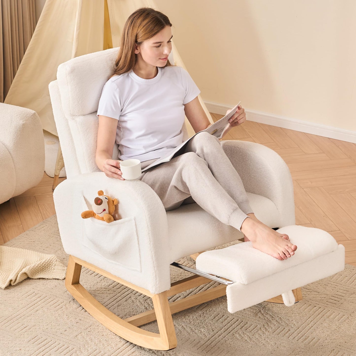DEKKETO Rocking Chair with Footrest and Headrest, Teddy Wooden Nursing Chairs for adults with Extra Wide Seat and Large Side Pocket, Ergonomic Support for Nursery, Living Room, Ivory
