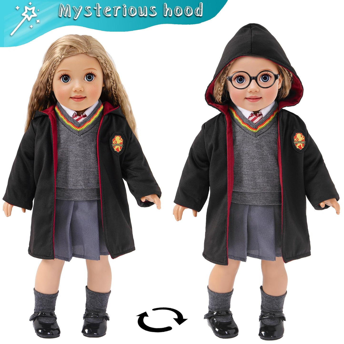 ebuddy Hermione Granger-inspired doll clothes set with shoes and magic book for American Girl dolls, featuring Hogwarts uniform.