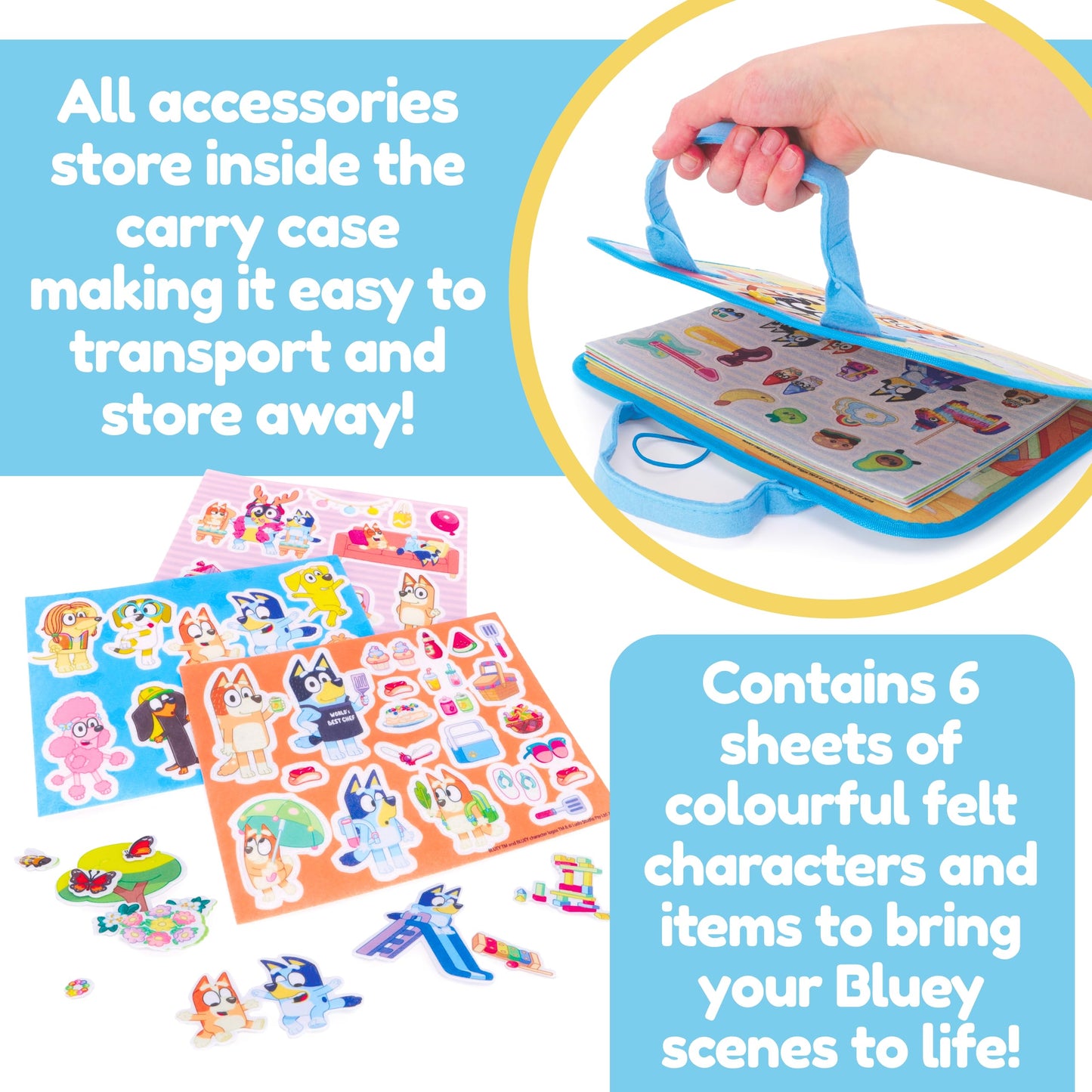 Toyland® 96 Piece Bluey Felt Activity Set - Portable Carry Case with 2 Scene Backgrounds - 95 Charcters & Props - Mess Free Imaginative Play Toys - Age 18 Months +