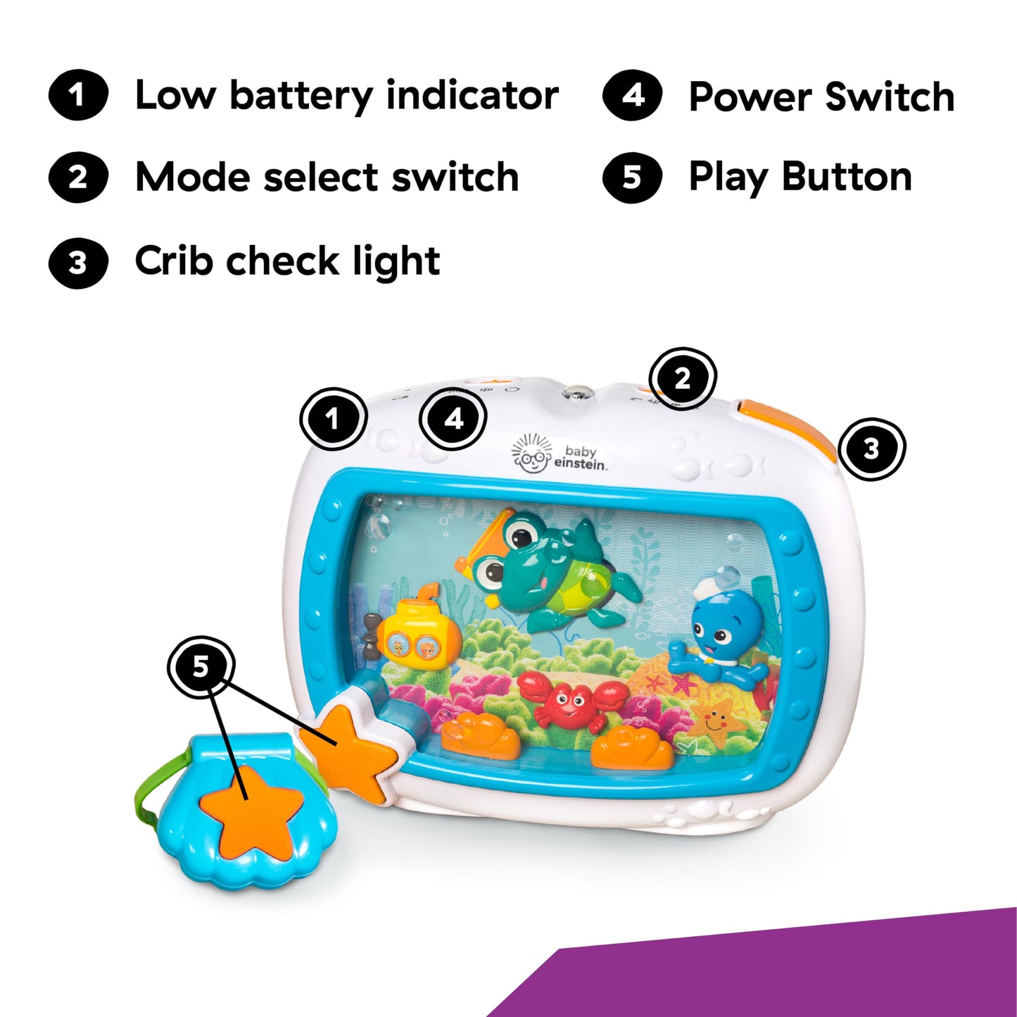 Baby Einstein Sea Dreams Soother crib toy with remote, featuring calming lights and melodies for newborn sleep aid.