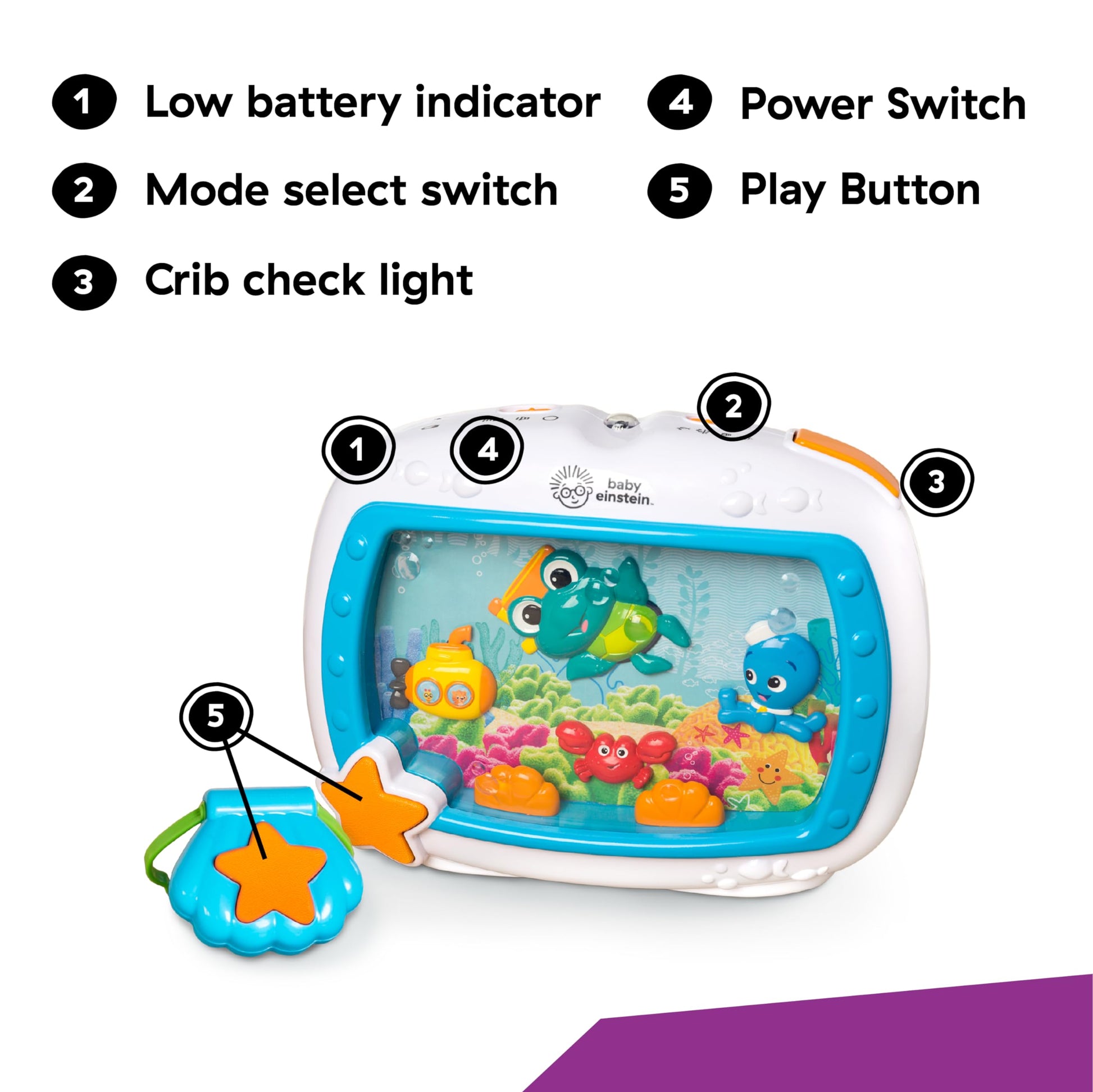 Baby Einstein Sea Dreams Soother crib toy with remote, featuring calming lights and melodies for newborn sleep aid.